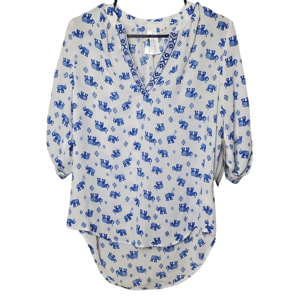 Society Girl | Embroidered Quarter Sleeve Top | Blue White Elephant Print | S